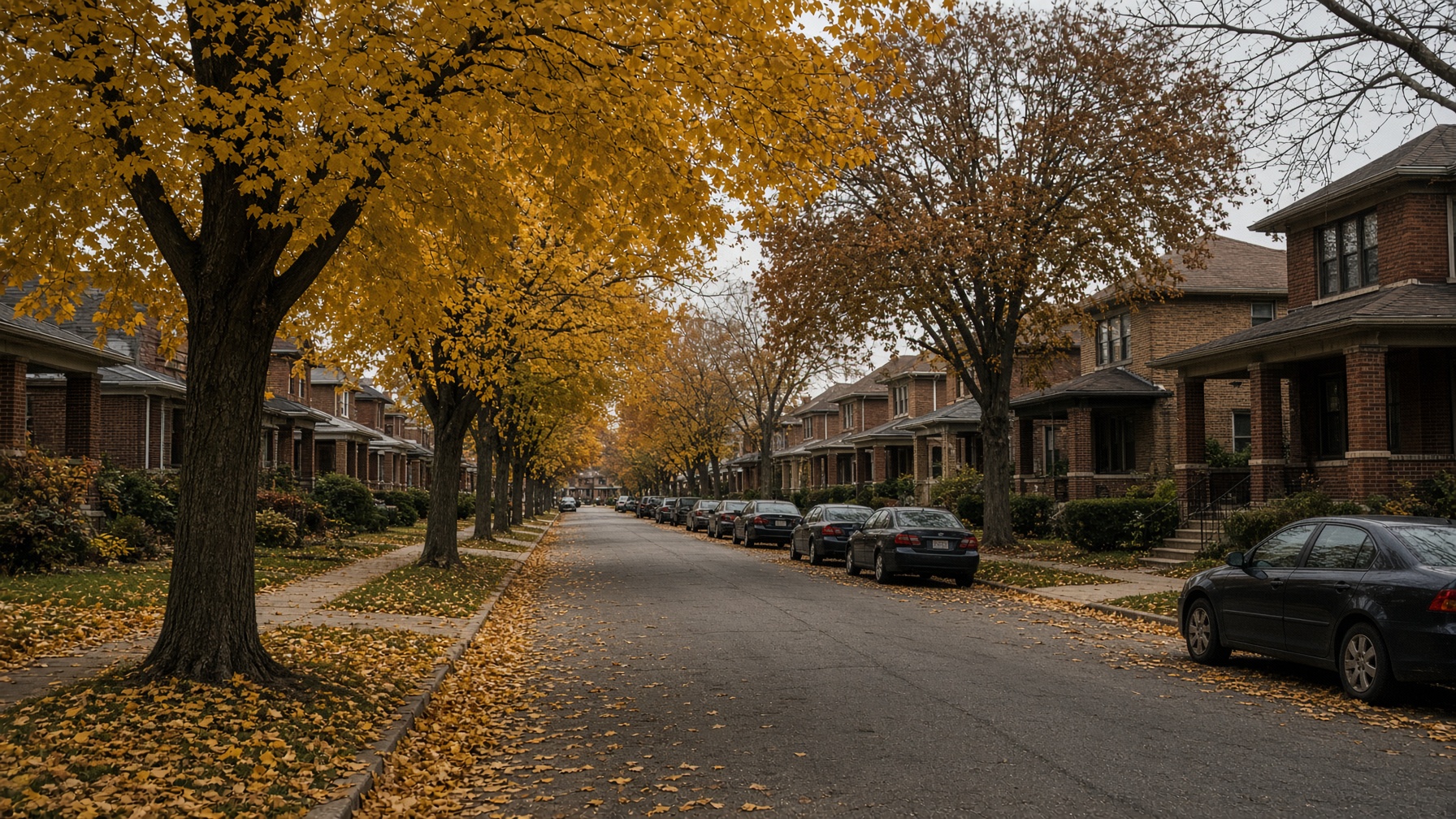 Tree-lined Chicago bungalow street in autumn